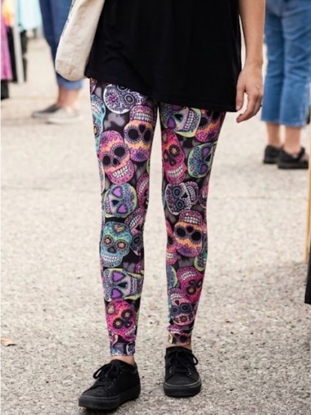 No Boundaries Black Leggings with Colorful Skull Print